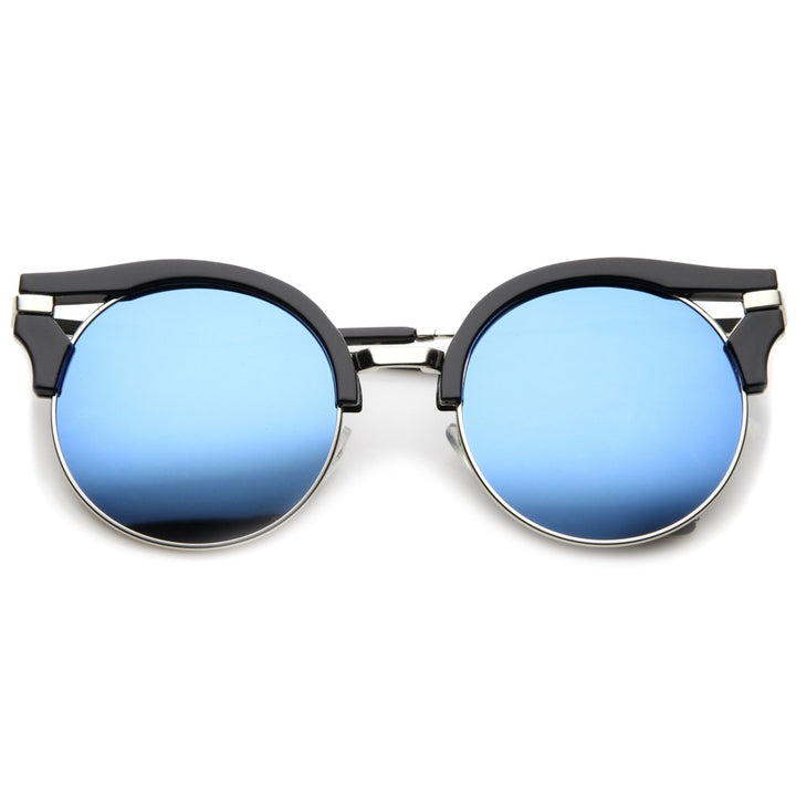 Round Half-Frame Cutout Color Mirror Flat Lens Cat Eye Sunglasses 56mm Image 1