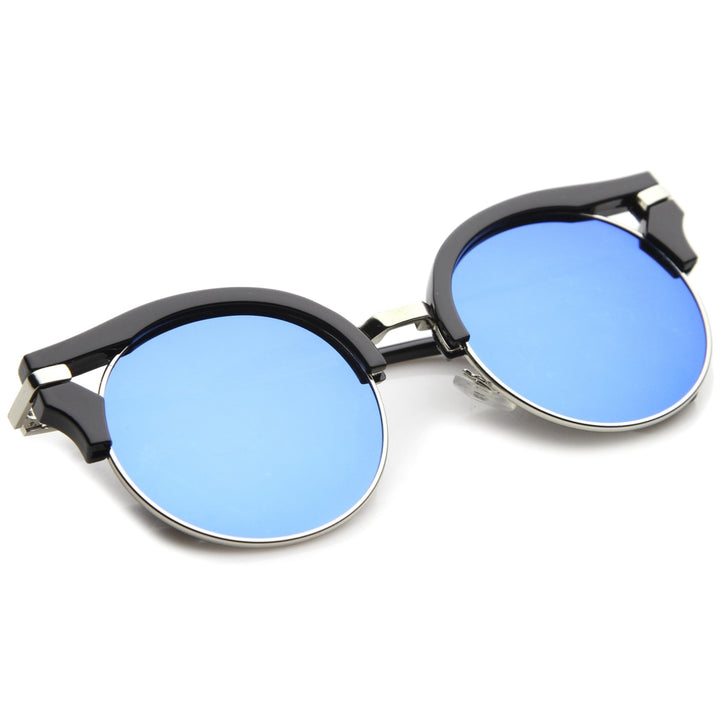 Round Half-Frame Cutout Color Mirror Flat Lens Cat Eye Sunglasses 56mm Image 4