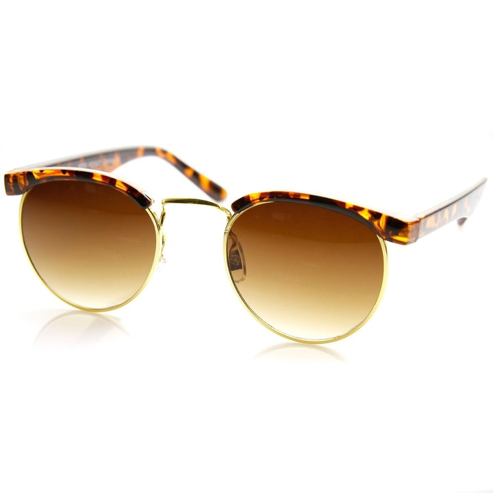 Small Metal Classic Half Frame Horn Rimmed Round Sunglasses Image 2