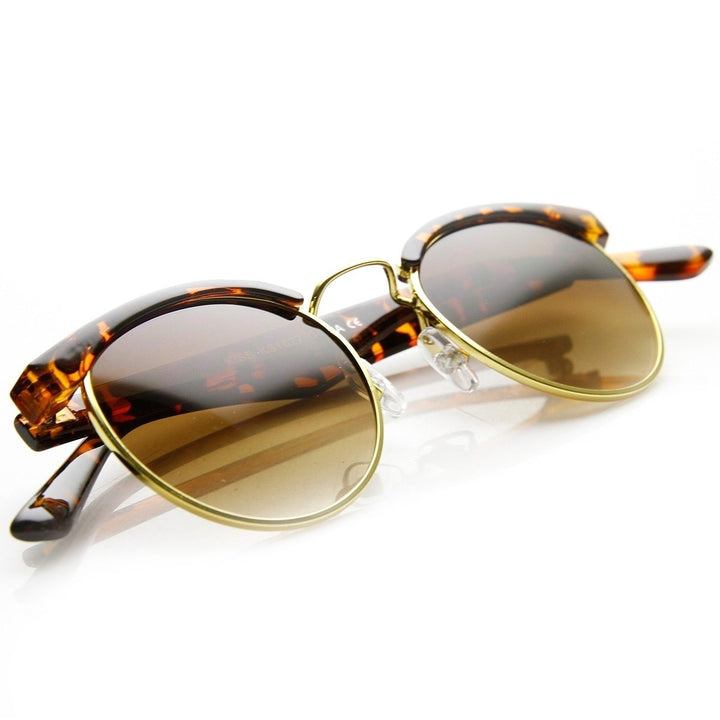 Small Metal Classic Half Frame Horn Rimmed Round Sunglasses Image 4