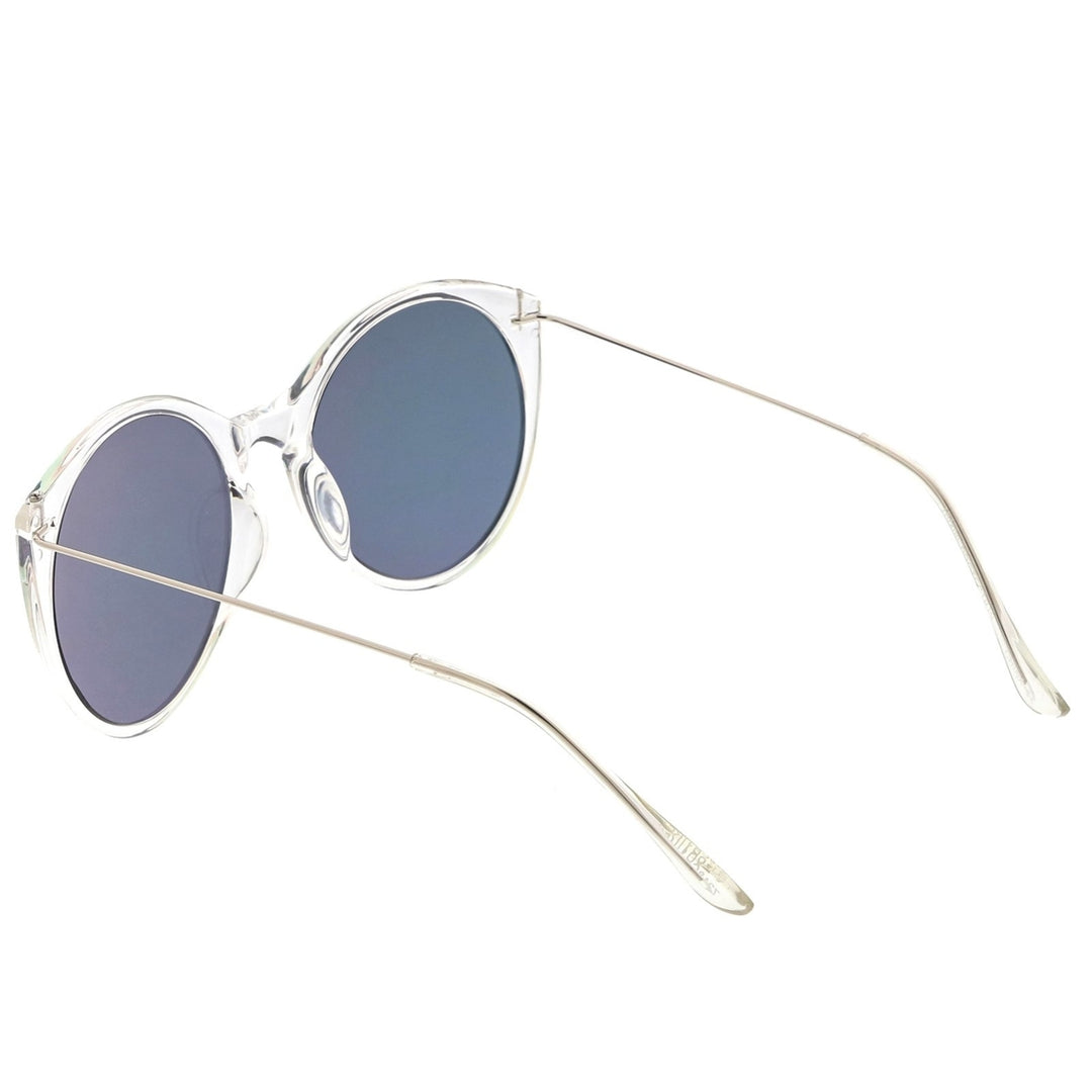 Transparent Cat Eye Sunglasses With Thin Metal Arms And Round Mirrored Flat Lens 56mm Image 4