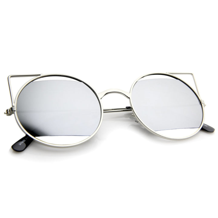 Womens Cut-Out Metal Open Frame Mirrored Lens Round Cat Eye Sunglasses 52mm Image 4