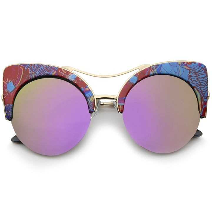 Womens Flat Lens Floral Print Semi-Rimless Round Cat Eye Sunglasses 52mm Image 1
