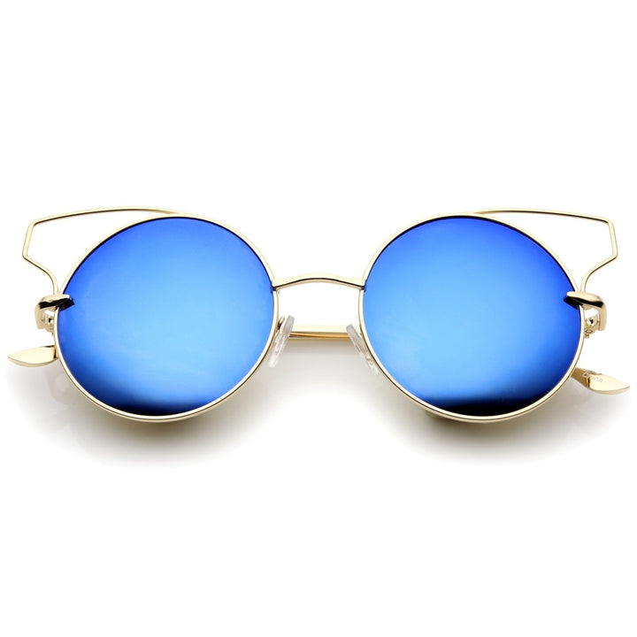 Womens Full Metal Open Design Mirrored Lens Round Cat Eye Sunglasses 55mm Image 1