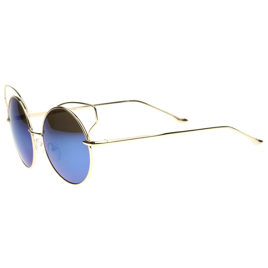 Womens Full Metal Open Design Mirrored Lens Round Cat Eye Sunglasses 55mm Image 3