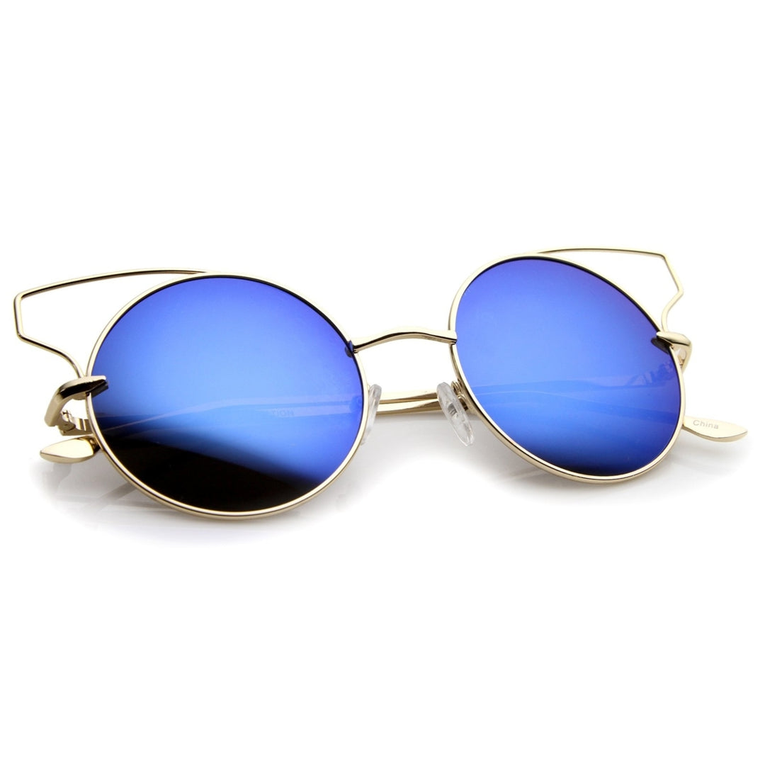 Womens Full Metal Open Design Mirrored Lens Round Cat Eye Sunglasses 55mm Image 4