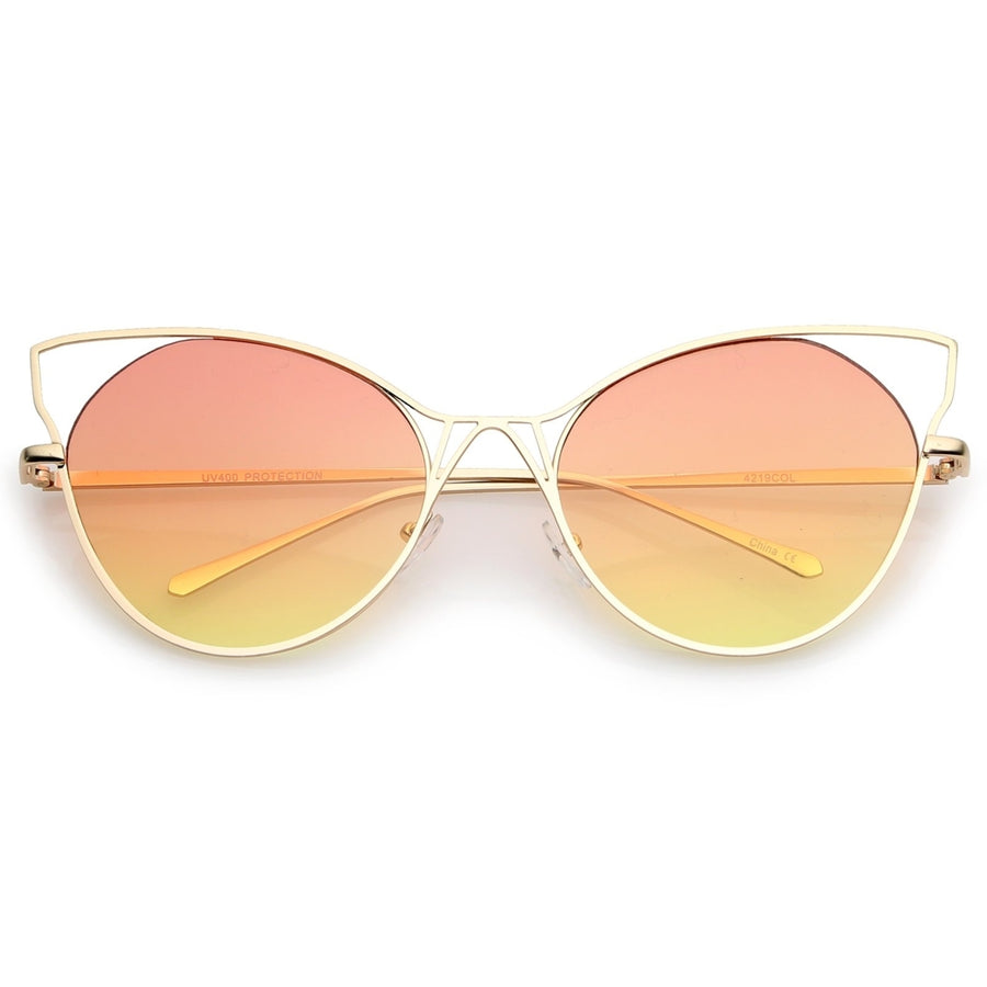 Womens Open Metal Slim Temple Gradient Flat Lens Oversize Cat Eye Sunglasses 60mm Image 1