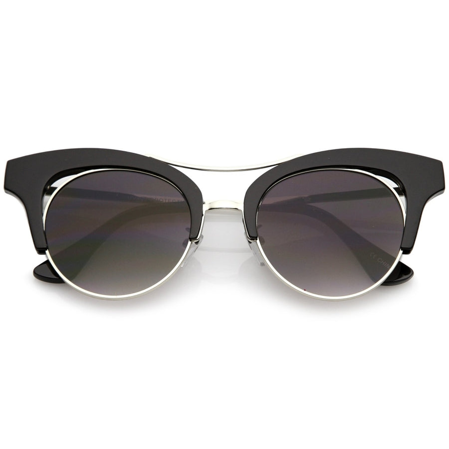 Womens Oversize Cutout Metal Brow Bar Round Flat Lens Cat Eye Sunglasses 51mm Image 1