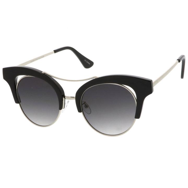 Womens Oversize Cutout Metal Brow Bar Round Flat Lens Cat Eye Sunglasses 51mm Image 2