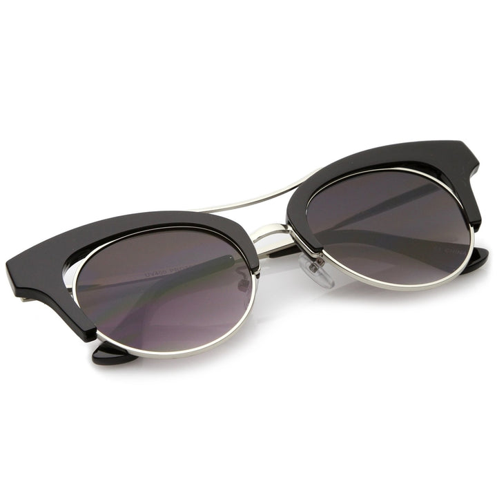 Womens Oversize Cutout Metal Brow Bar Round Flat Lens Cat Eye Sunglasses 51mm Image 4