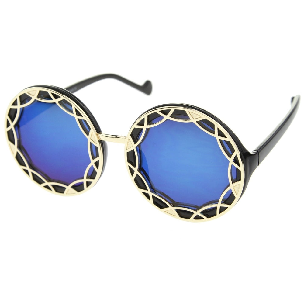 Womens Oversize Ornate Flat Pattern Color Mirror Lens Round Sunglasses 55mm Image 2