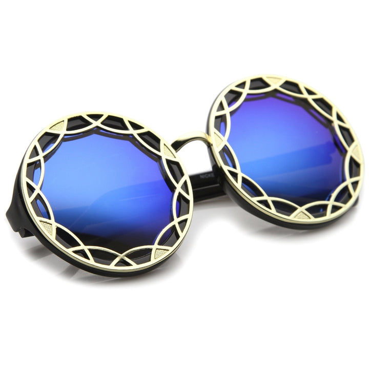 Womens Oversize Ornate Flat Pattern Color Mirror Lens Round Sunglasses 55mm Image 4