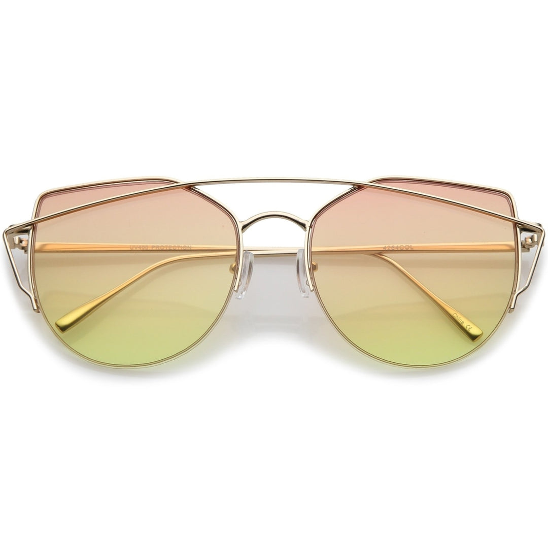 Womens Semi Rimless Metal Brow Bar Round Colored Flat Lens Cat Eye Sunglasses Image 1