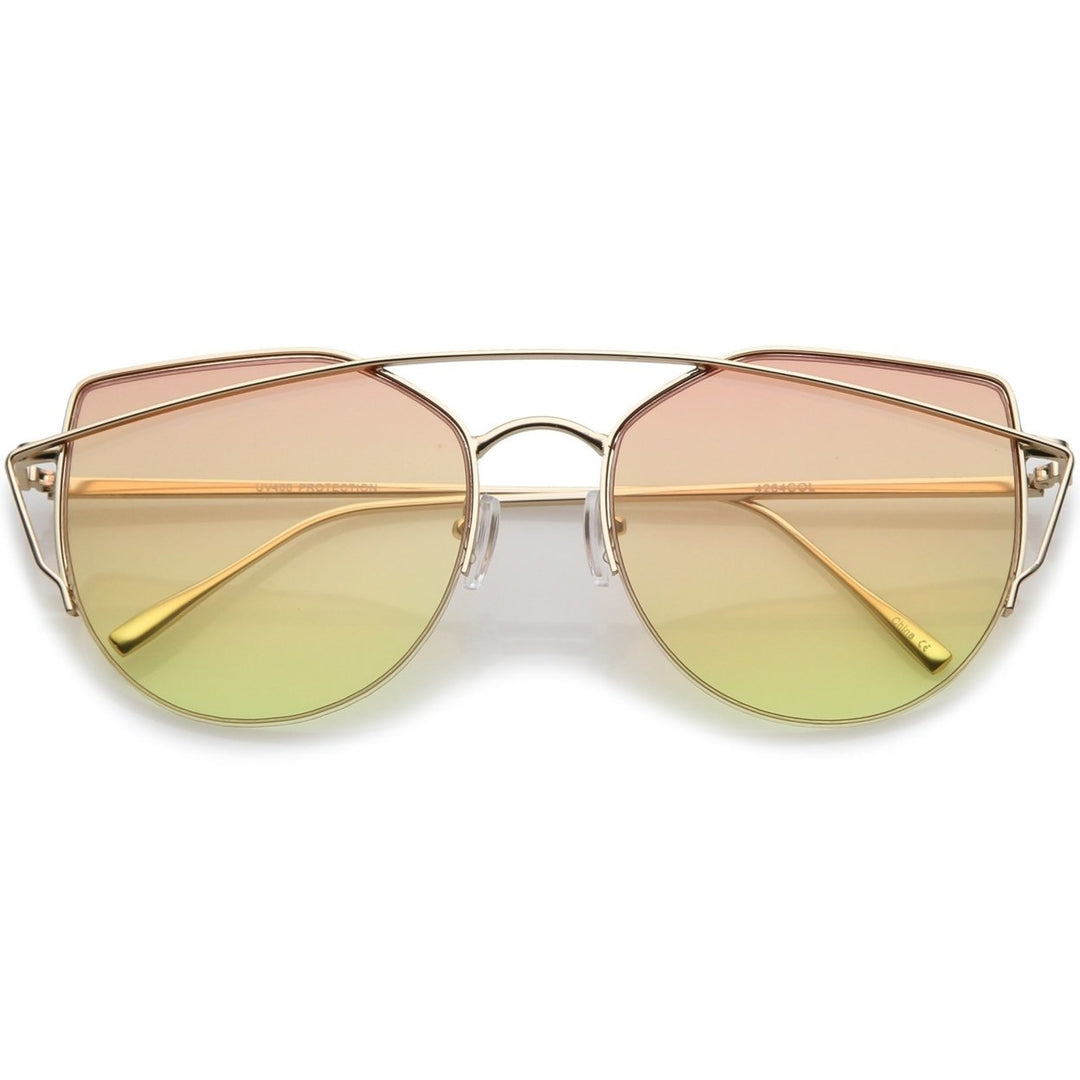 Women's Semi Rimless Metal Brow Bar Round Colored Flat Lens Cat Eye Sunglasses Image 1