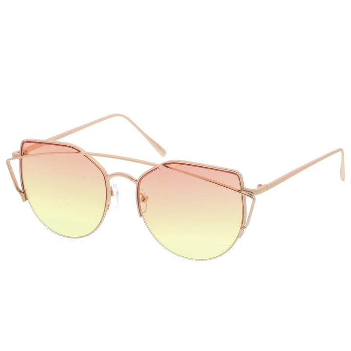 Womens Semi Rimless Metal Brow Bar Round Colored Flat Lens Cat Eye Sunglasses Image 2