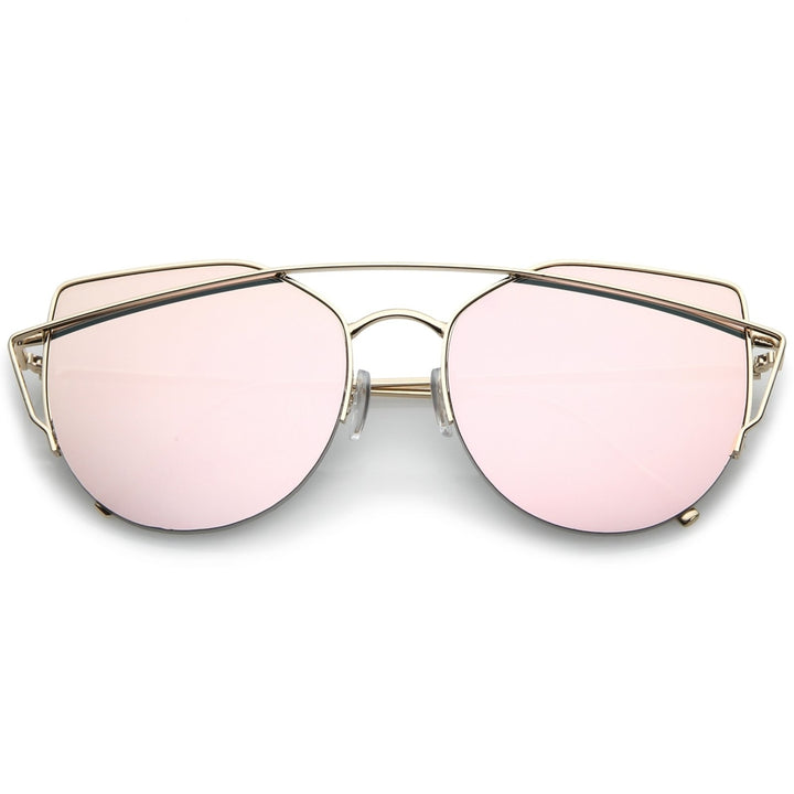 Womens Semi Rimless Metal Brow Bar Round Mirrored Flat Lens Cat Eye Sunglasses Image 1