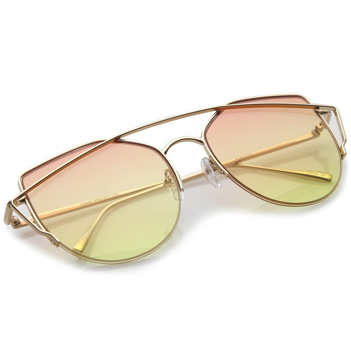 Womens Semi Rimless Metal Brow Bar Round Colored Flat Lens Cat Eye Sunglasses Image 4
