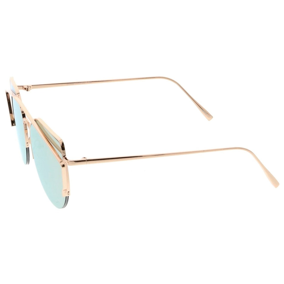 Womens Semi Rimless Metal Brow Bar Round Mirrored Flat Lens Cat Eye Sunglasses Image 3