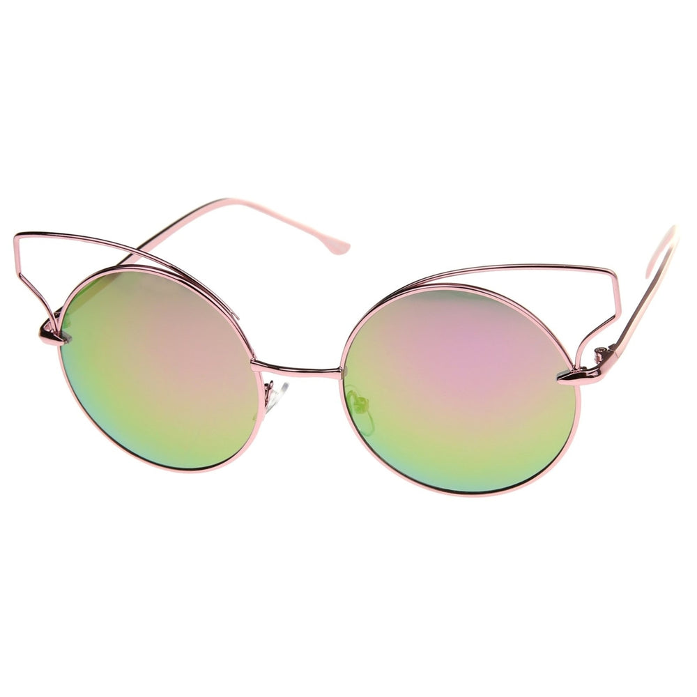 Womens Wire Open Metal Frame Color Mirror Lens Round Cat Eye Sunglasses 52mm Image 2