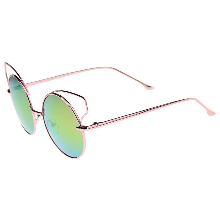 Womens Wire Open Metal Frame Color Mirror Lens Round Cat Eye Sunglasses 52mm Image 3