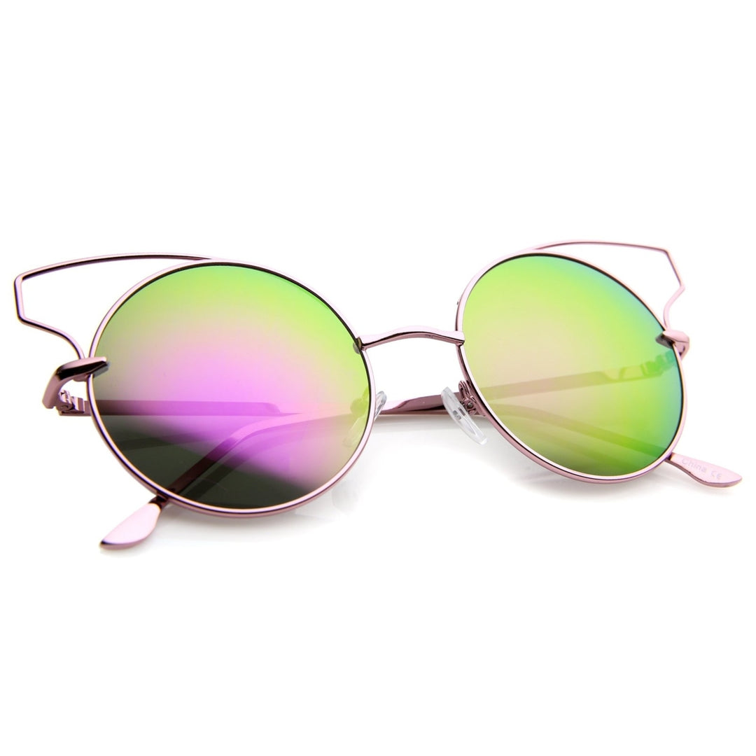 Womens Wire Open Metal Frame Color Mirror Lens Round Cat Eye Sunglasses 52mm Image 4