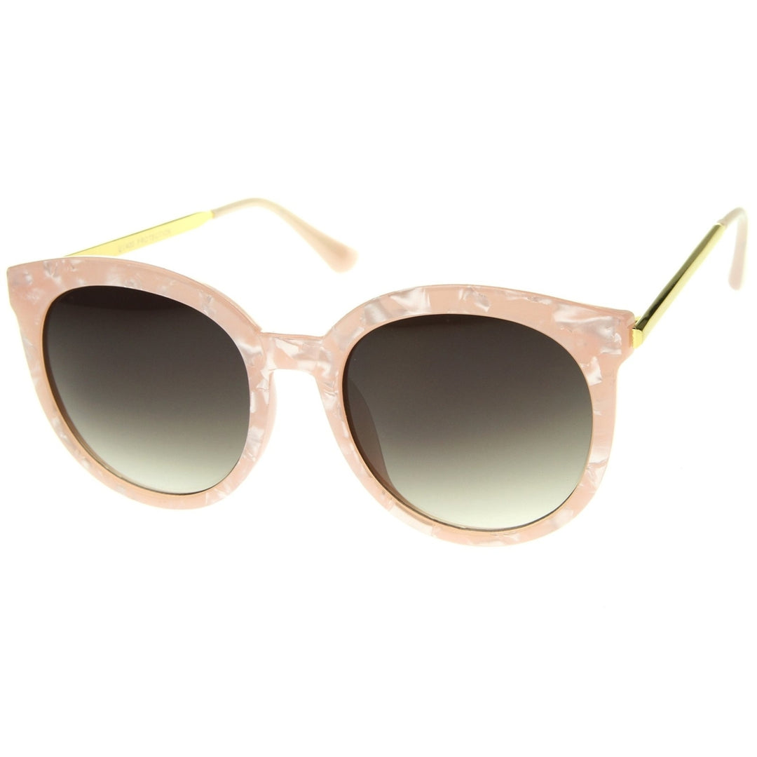 Womens High Fashion Oversized Marble Finish Metal Temple Round Sunglasses Image 2