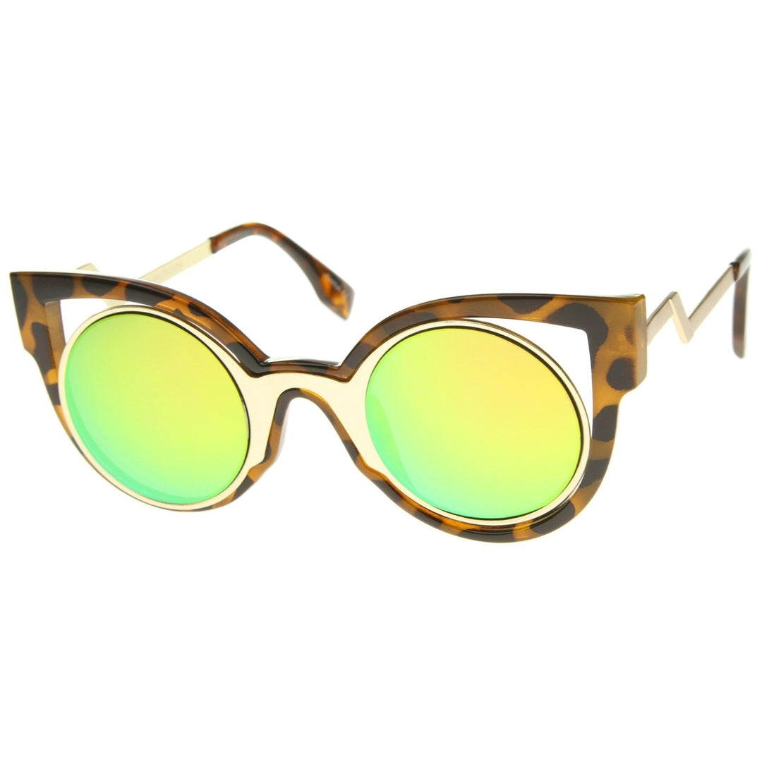 Womens Inner Metal Frame Zigzag Stepped Temple Two-Tone Cat Eye Sunglasses Image 2