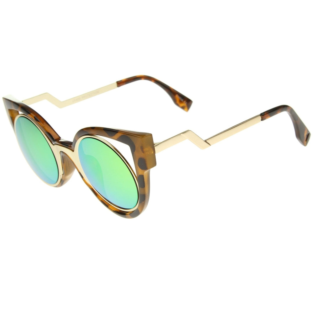 Womens Inner Metal Frame Zigzag Stepped Temple Two-Tone Cat Eye Sunglasses Image 3