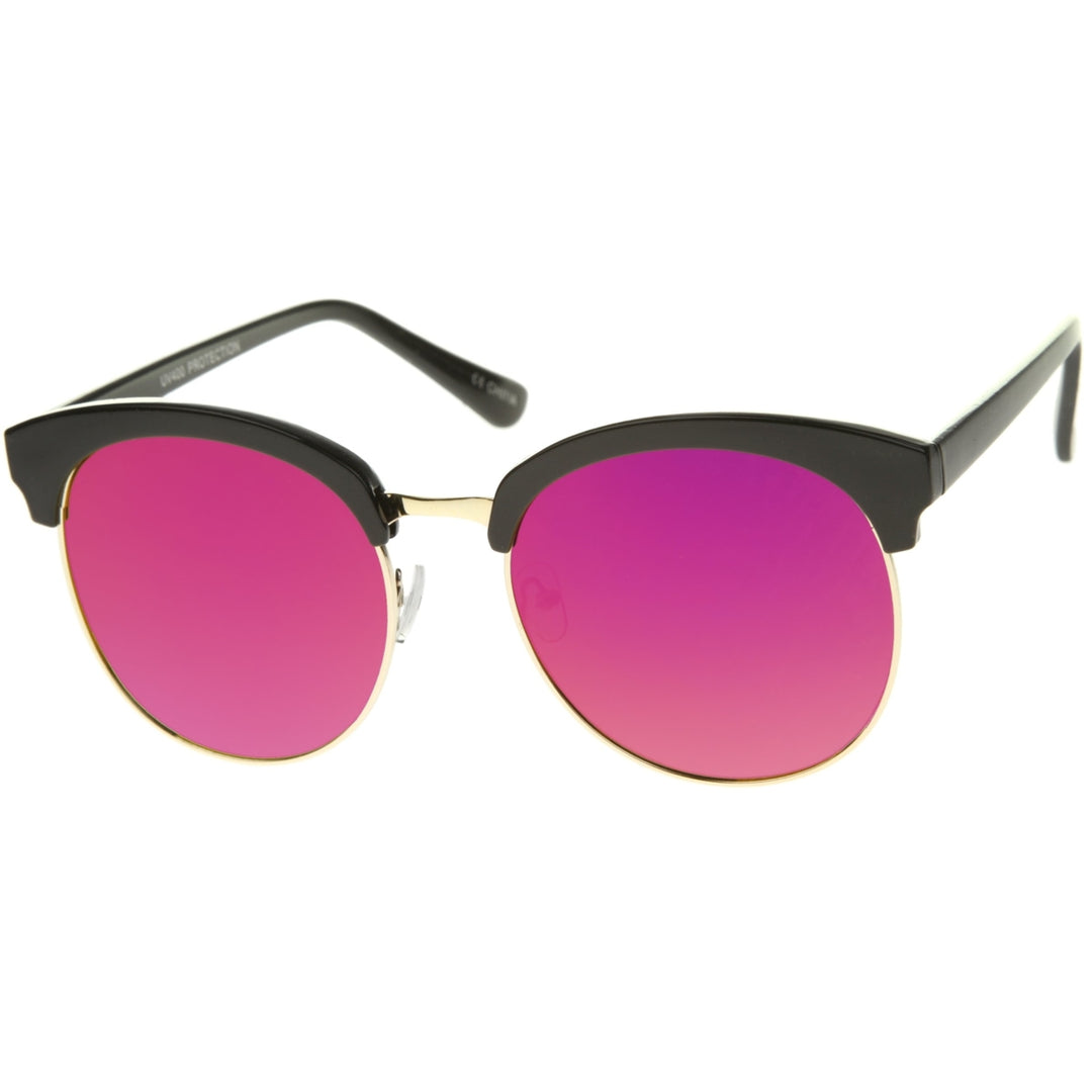 Womens Oversize Half-Frame Mirrored Flat Lens Round Sunglasses 68mm Image 2