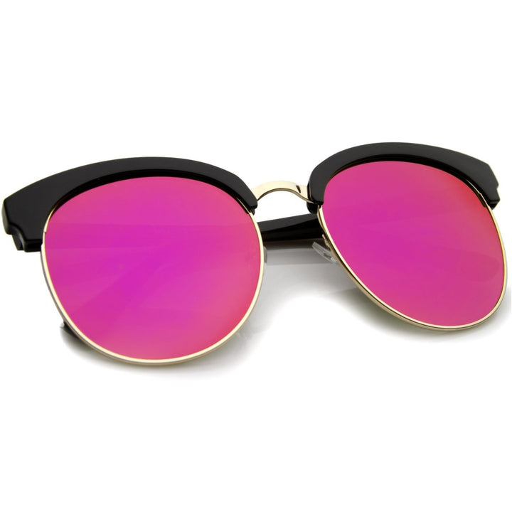 Womens Oversize Half-Frame Mirrored Flat Lens Round Sunglasses 68mm Image 4