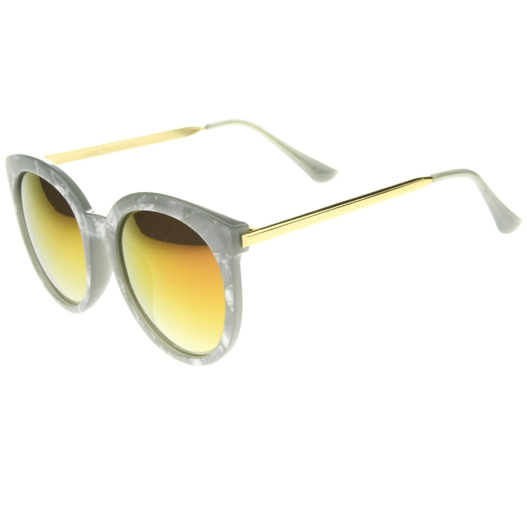 Womens Oversized Marble Finish Metal Temple Mirrored Lens Round Sunglasses Image 3