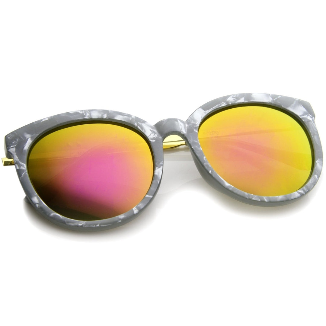Womens Oversized Marble Finish Metal Temple Mirrored Lens Round Sunglasses Image 4