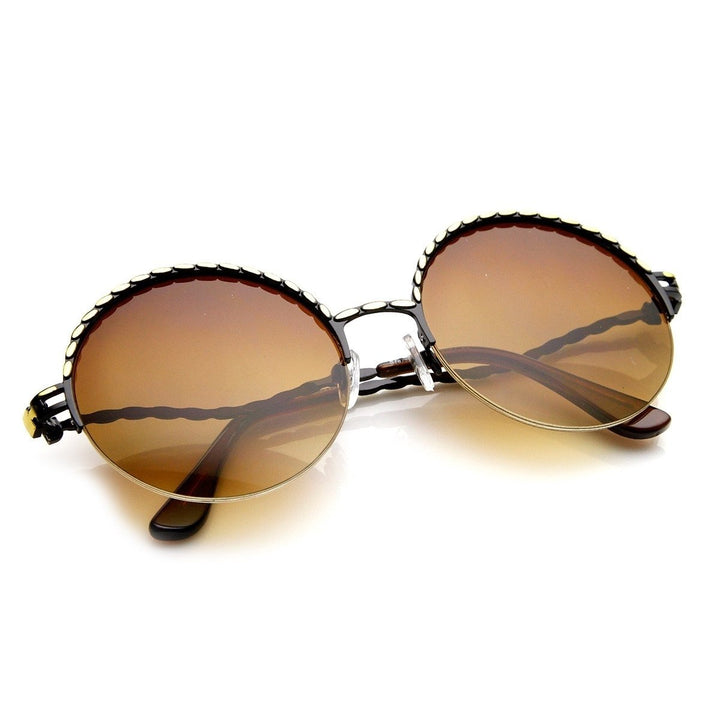 Womens Oversized Semi Rimless Metal Round Sunglasses Image 4