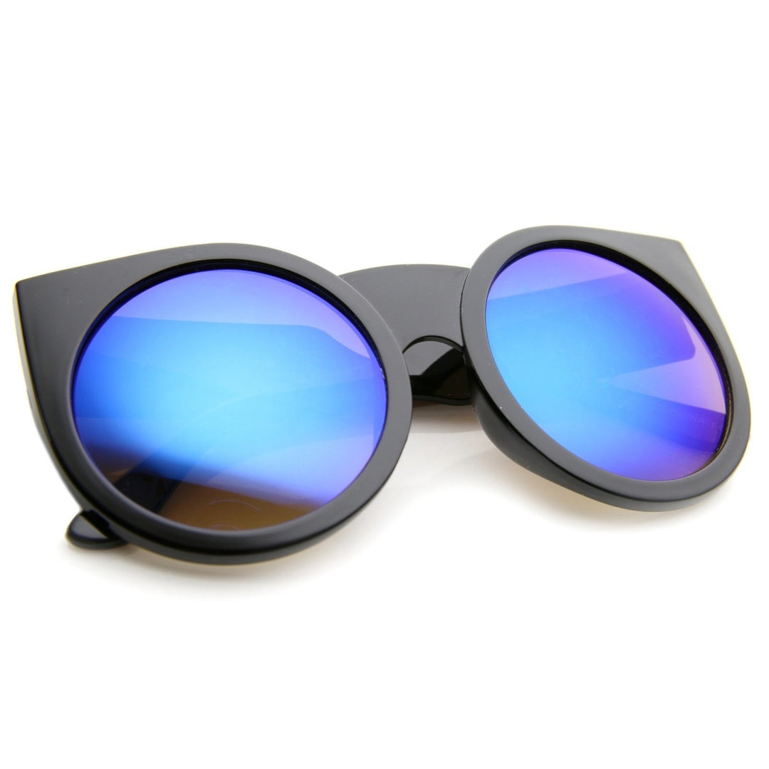 Womens Thick Frame Color Mirror Lens Round Cat Eye Sunglasses 55mm Image 4