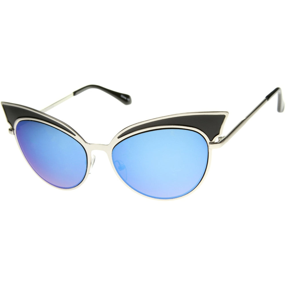 Womens Two-Tone Oversized Metal Mirrored Cat Eye Sunglasses 57mm Image 2