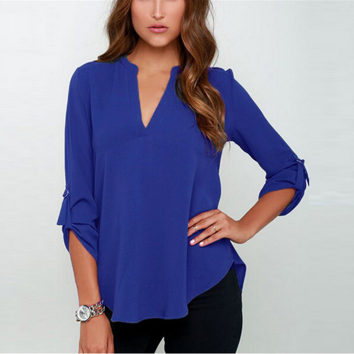 Womens Fashion Solid Color V-neck Long Sleeve Shirt Image 3