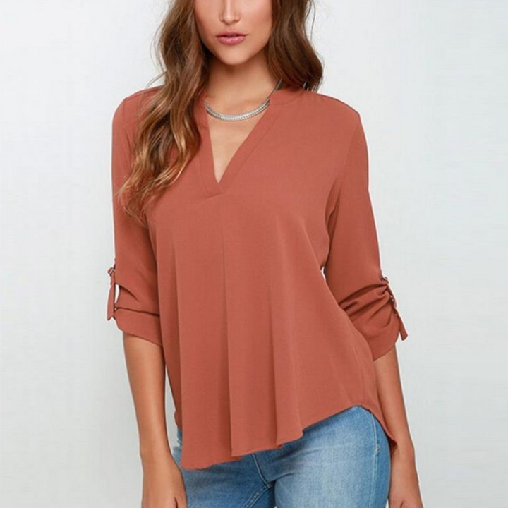 Womens Fashion Solid Color V-neck Long Sleeve Shirt Image 4