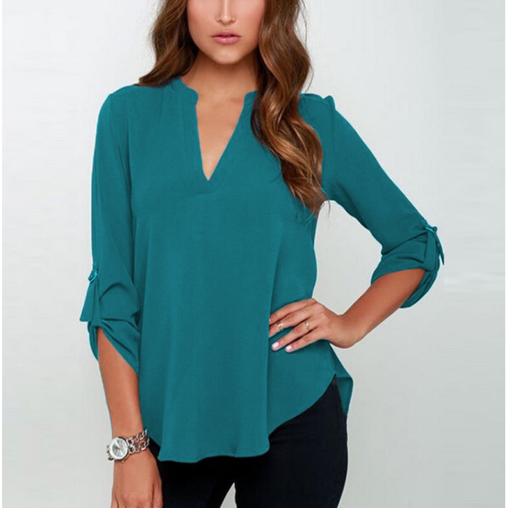 Womens Fashion Solid Color V-neck Long Sleeve Shirt Image 1