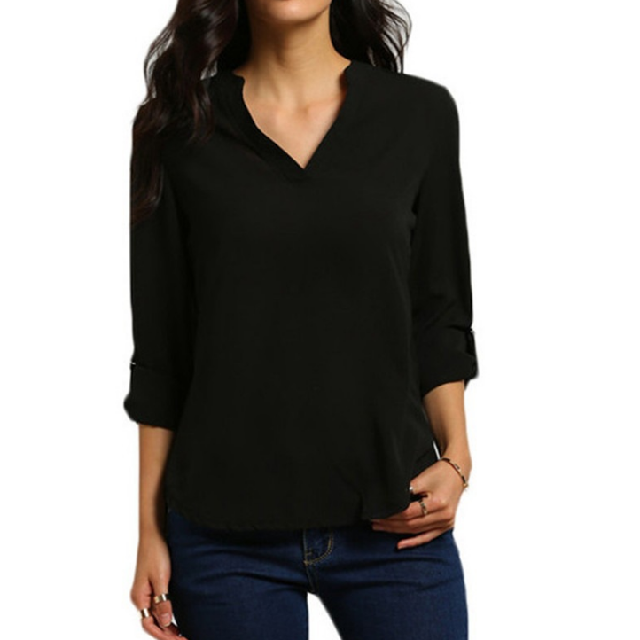 Womens Fashion Solid Color V-neck Long Sleeve Shirt Image 2