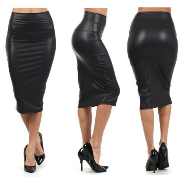 Womens Below Knee Stretch Skinny Faux Leather Pencil Mini Skirts Image 1