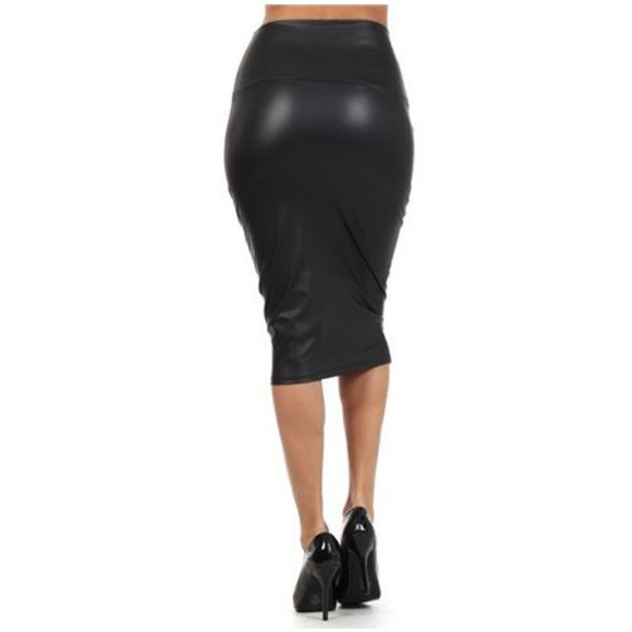 Womens Below Knee Stretch Skinny Faux Leather Pencil Mini Skirts Image 2