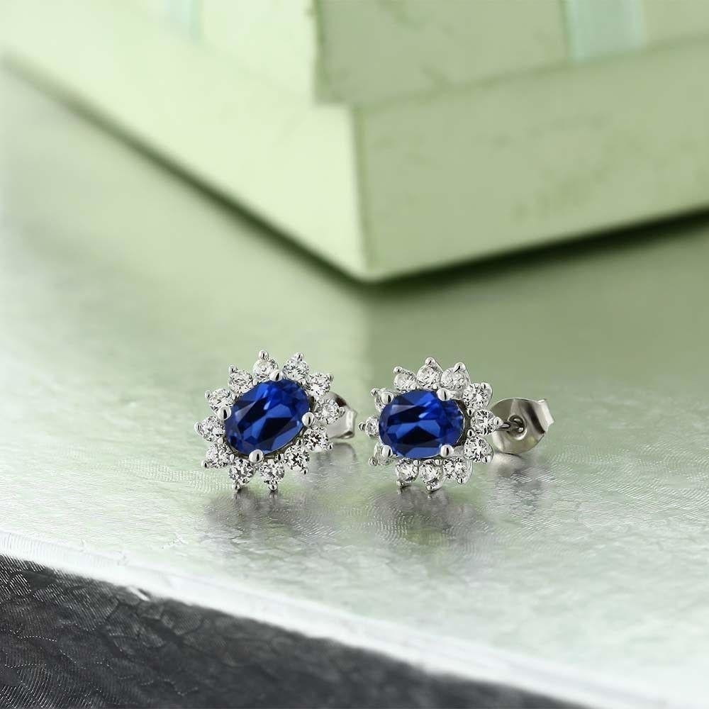 3.00 Ct 7x5mm Oval Blue Simulated Sapphire 925 Sterling Silver Stud Earrings Image 3