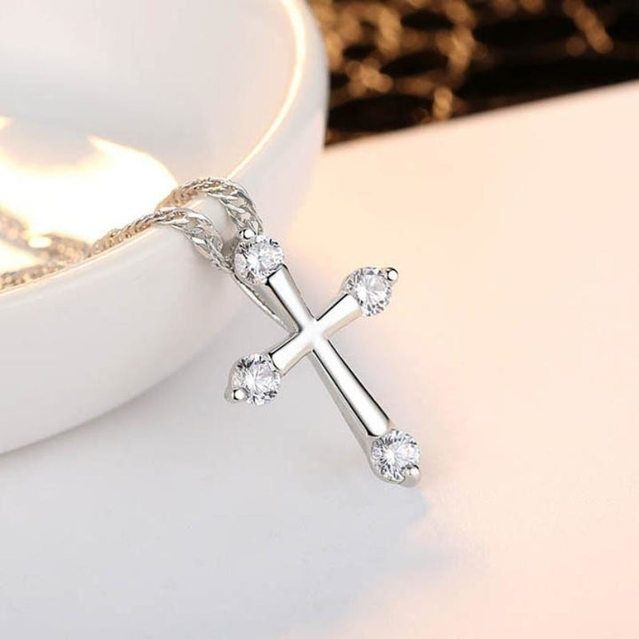 Christian Jewelry White Gold Color AAA+ Zircon CZ Cross Crucifix 18" Water Wave Chain Pendant Necklace for Women Party Image 3