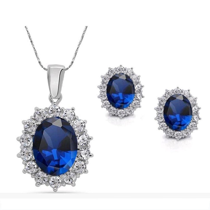 Silver Blue Crystal Jewelry Sets Luxury CZ Necklace Earrings Fine Jewelry Image 1