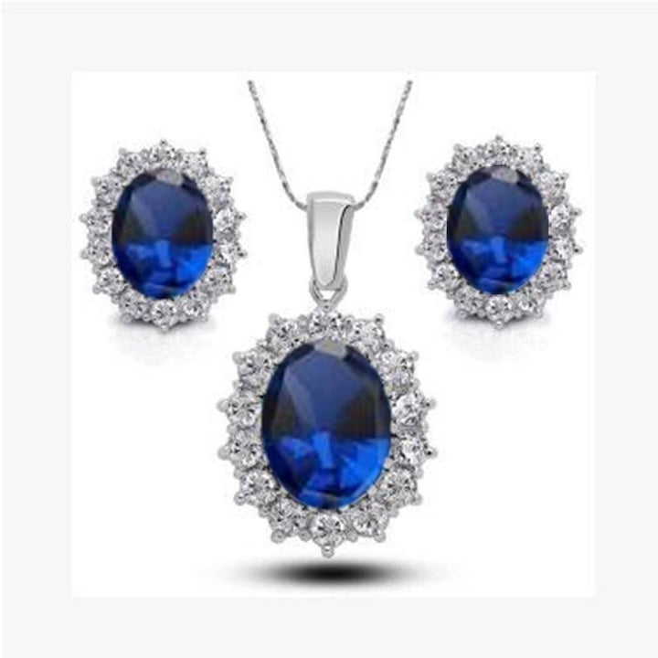 Silver Blue Crystal Jewelry Sets Luxury CZ Necklace Earrings Fine Jewelry Image 2