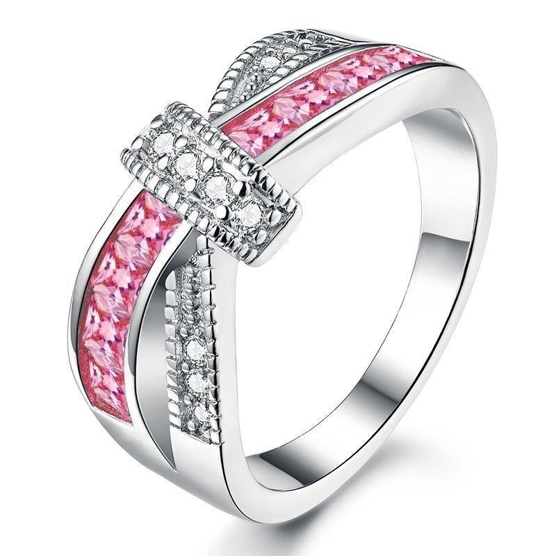 Pink Criss Cross White Gold Plated Cubic Zirconia Ring Image 1