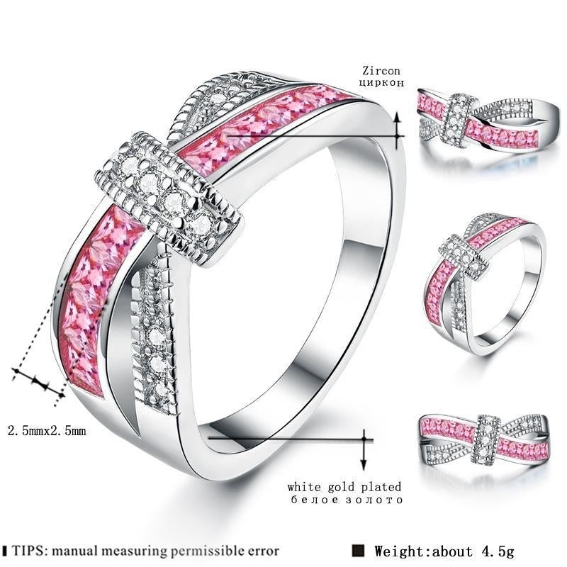 Pink Criss Cross White Gold Plated Cubic Zirconia Ring Image 2