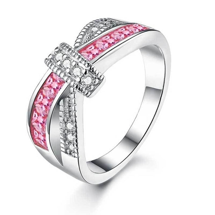 Pink Criss Cross White Gold Plated Cubic Zirconia Ring Image 3