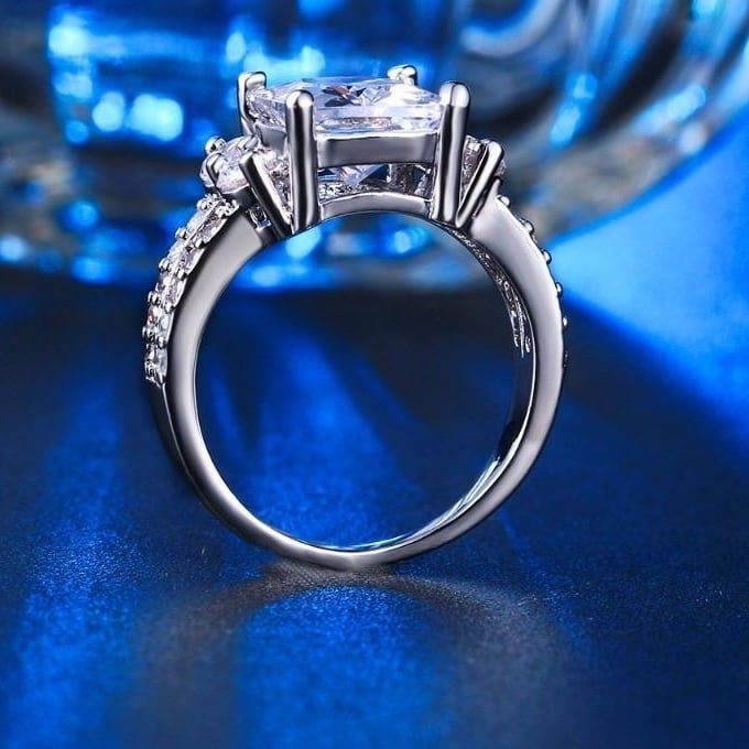 Princess Cut White Gold Plated CZ Crystal Wedding Engagement Ring Image 4