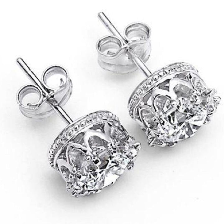 Royal Crown Sterling Silver Round-Cut 1.5 Cts AAA Cubic Zirconia Stud Earrings Image 3